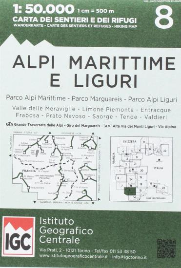 Carta n. 8 Alpi Marittime e Liguri 1:50.000. Carta dei sentieri e dei rifugi